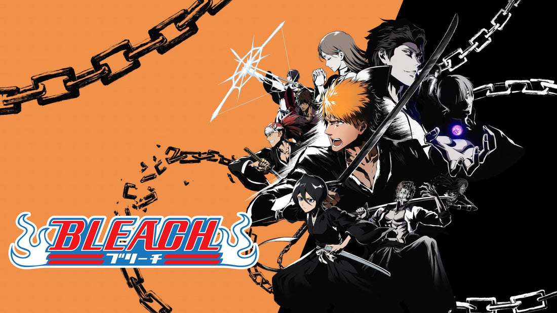 ichigo et plusieurs personnages de bleach sur un fond noir et orange