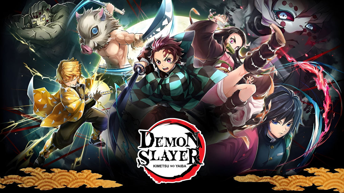 Plusieurs personnages de Demon Slayer avec le logo du manga