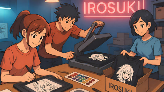 une équipe design et imprime des t-shirts manga