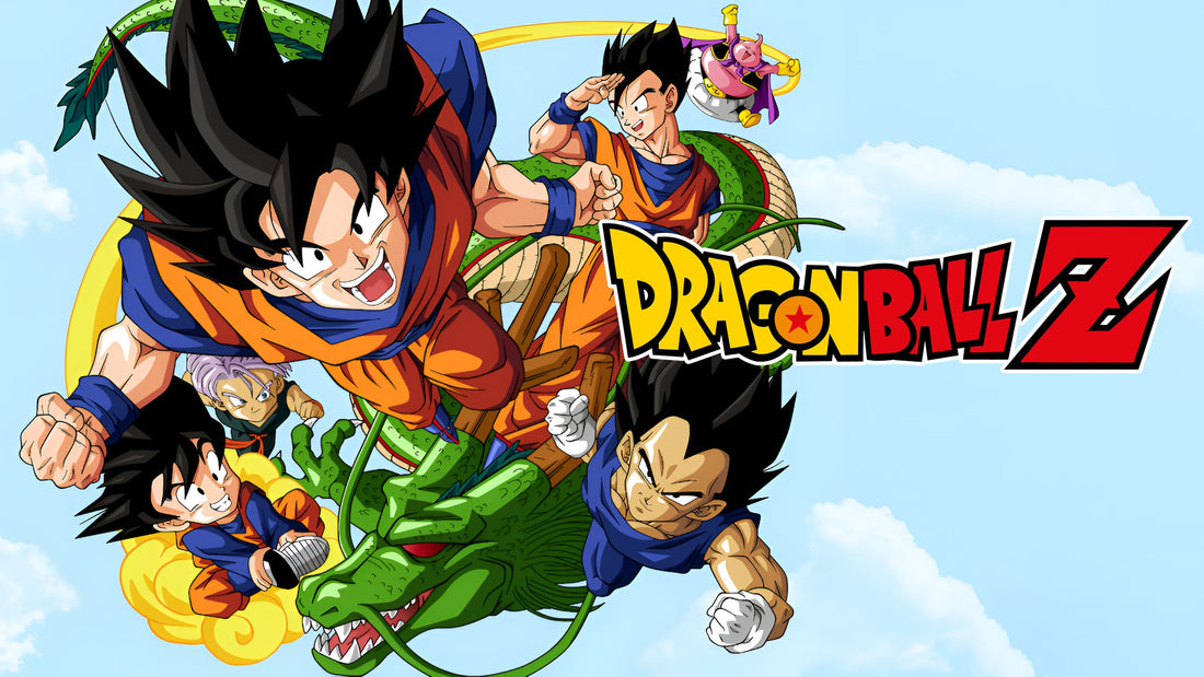 goku, végéta leurs enfants, avec le logo du manga