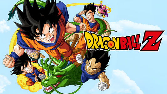 goku, végéta leurs enfants, avec le logo du manga