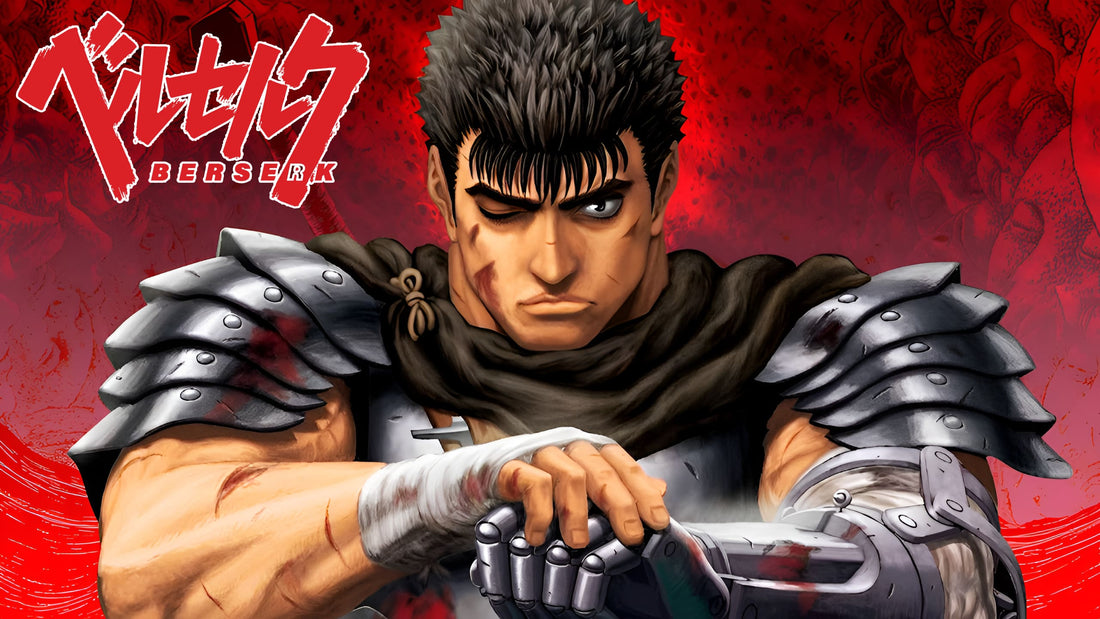 guts avec son épée et son armure sur fond rouge