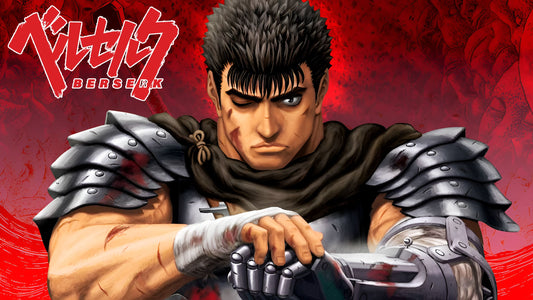 guts avec son épée et son armure sur fond rouge