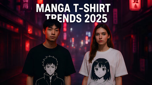 un homme et une femme avec des t-shirts manga dans une rue japonaise