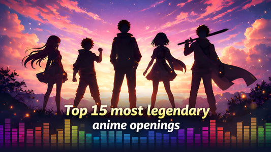 Cinq silhouettes de personnages devant un ciel rose et un bande son